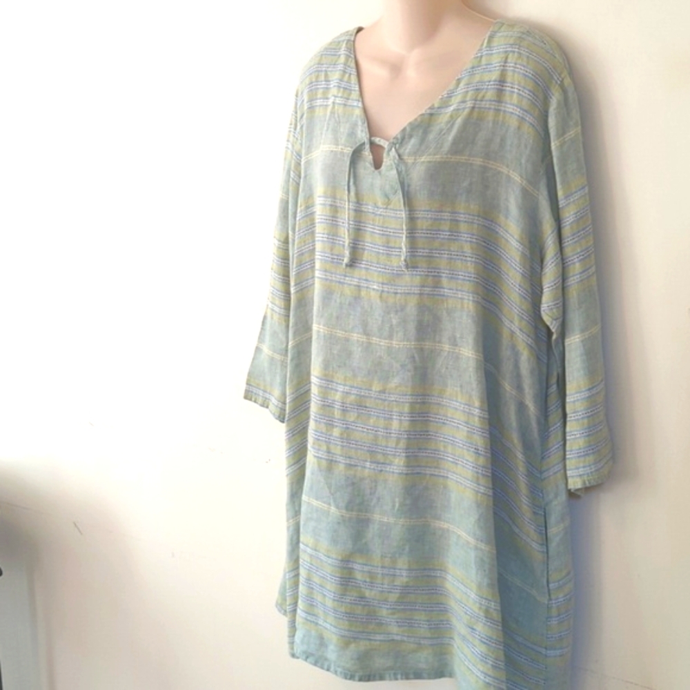Flax Linen V Neck Striped Green Blue Dress L - Picture 2 of 14